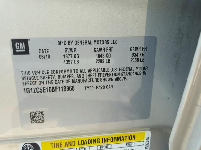 1G1ZC5E10BF113968 - 2011 CHEVROLET MALIBU 1LT ვერცხლისფერი ფოტო 10