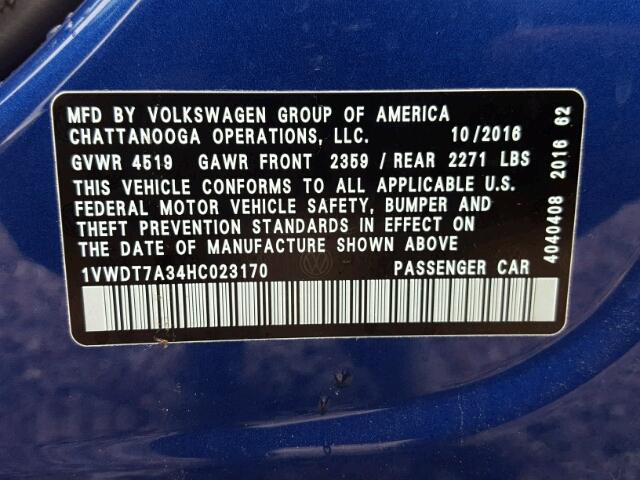 1VWDT7A34HC023170 - 2017 VOLKSWAGEN PASSAT R-L 蓝色 照片 10