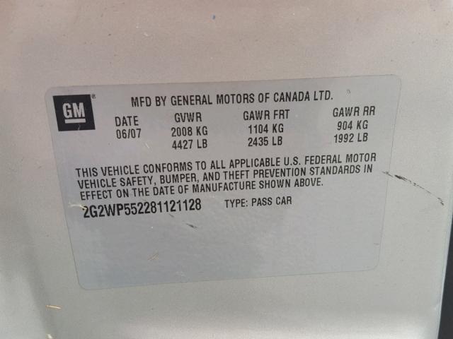 2G2WP552181116535 - 2008 PONTIAC GRAND PRIX SILVER photo 10