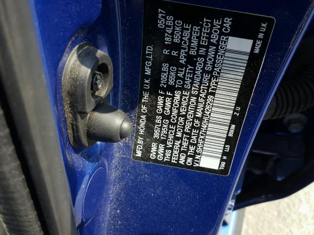 SHHFK7H40HU426299 - 2017 HONDA CIVIC SPOR BLUE photo 10