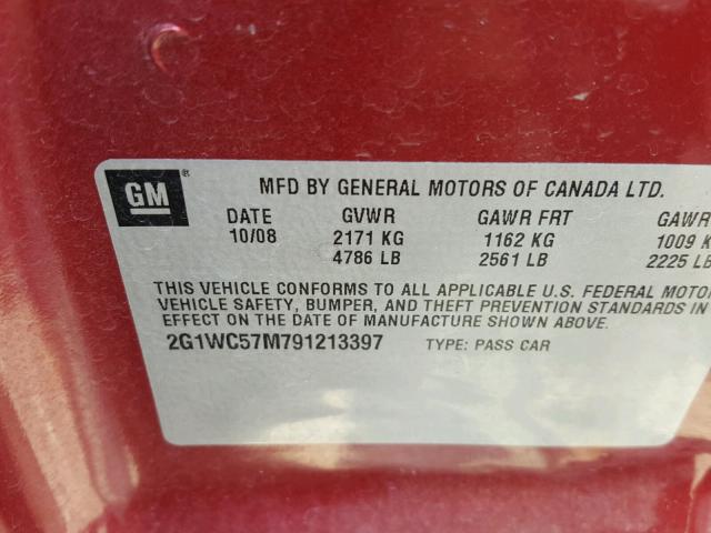 2G1WC57M791213397 - 2009 CHEVROLET IMPALA 2LT BURGUNDY photo 10