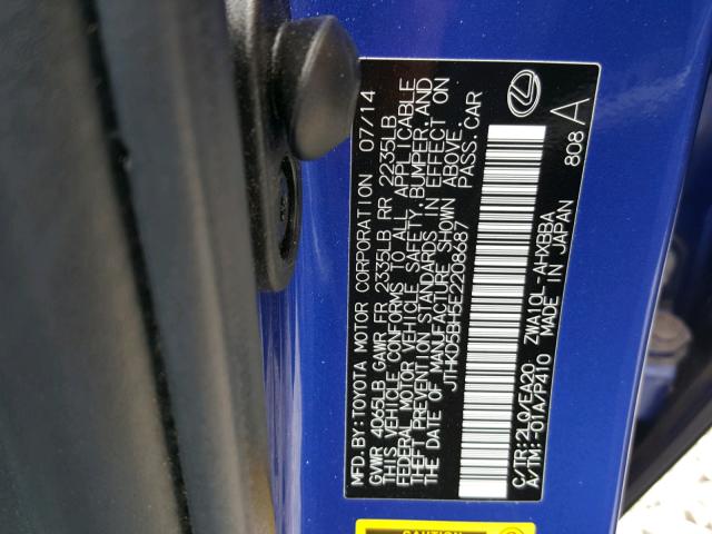 JTHKD5BH5E2208687 - 2014 LEXUS CT 200 BLUE photo 10