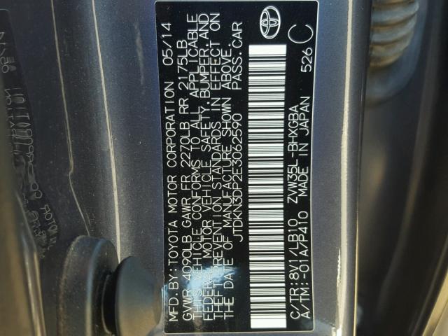 JTDKN3DP2E3062590 - 2014 TOYOTA PRIUS PLUG CHARCOAL photo 10