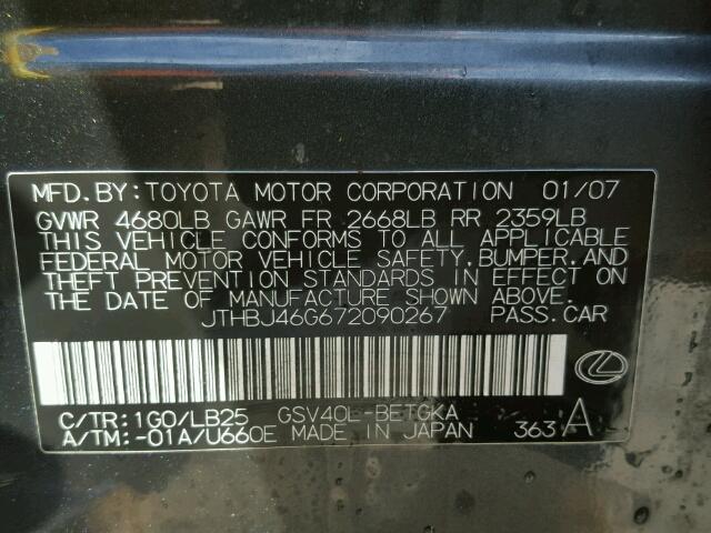 JTHBJ46G672090267 - 2007 LEXUS ES 350 GRAY photo 10