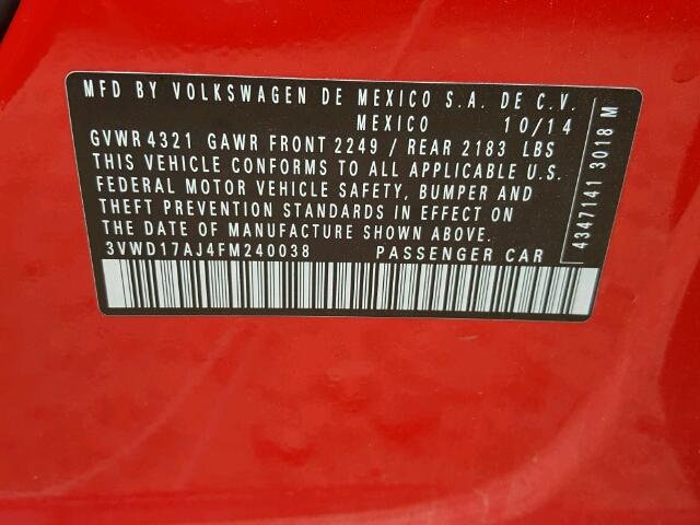 3VWD17AJ4FM240038 - 2015 VOLKSWAGEN JETTA SE 红色 照片 10