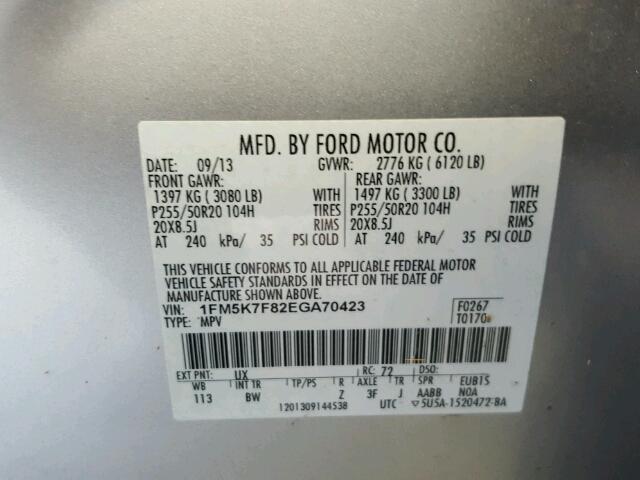 1FM5K7F82EGA70423 - 2014 FORD EXPLORER L SILVER photo 10