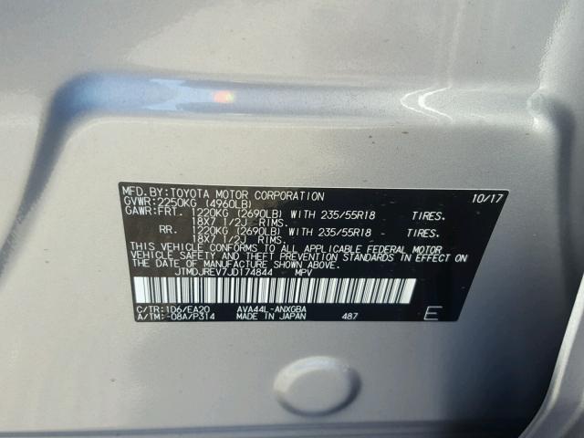 JTMDJREV7JD174844 - 2018 TOYOTA RAV4 HV LI SILVER photo 10