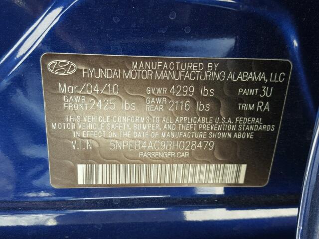 5NPEB4AC9BH028479 - 2011 HYUNDAI SONATA GLS BLUE photo 10