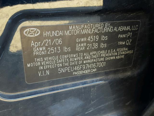 5NPEU46F97H167001 - 2007 HYUNDAI SONATA BLUE photo 10