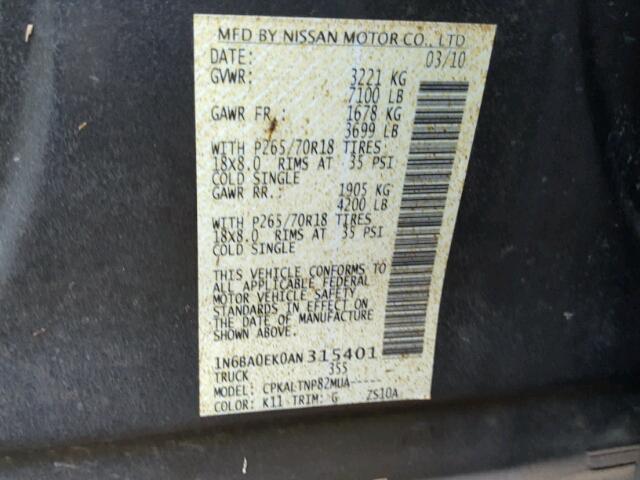 1N6BA0EK0AN315401 - 2010 NISSAN TITAN XE GRAY photo 10