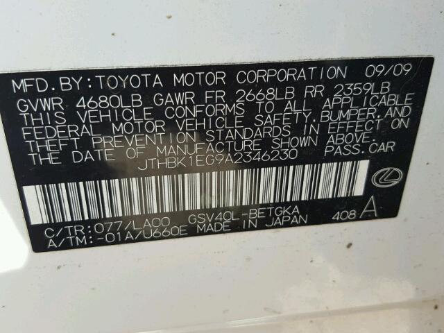 JTHBK1EG9A2346230 - 2010 LEXUS ES WHITE photo 10