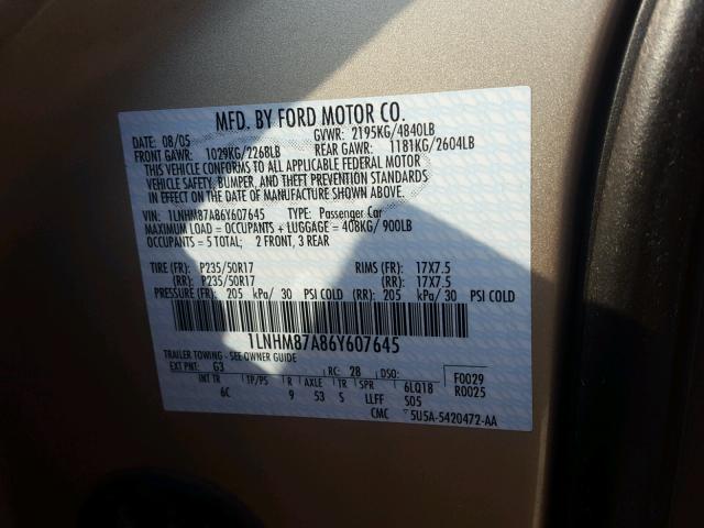 1LNHM87A86Y607645 - 2006 LINCOLN LS 金色 照片 10
