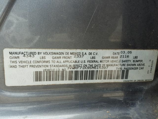 3VWRF71K95M615307 - 2005 VOLKSWAGEN NEW JETTA GRAY photo 10