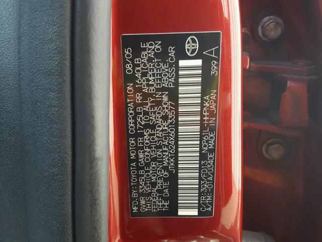 JTKKT624X60133577 - 2006 TOYOTA SCION XA BURGUNDY photo 10
