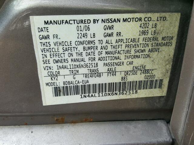 1N4AL11DX6N362518 - 2006 NISSAN ALTIMA S BROWN photo 10