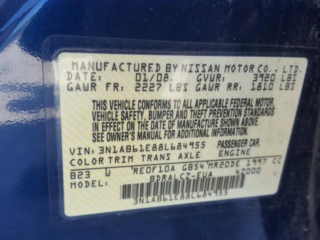 3N1AB61E88L684955 - 2008 NISSAN SENTRA BLUE photo 10