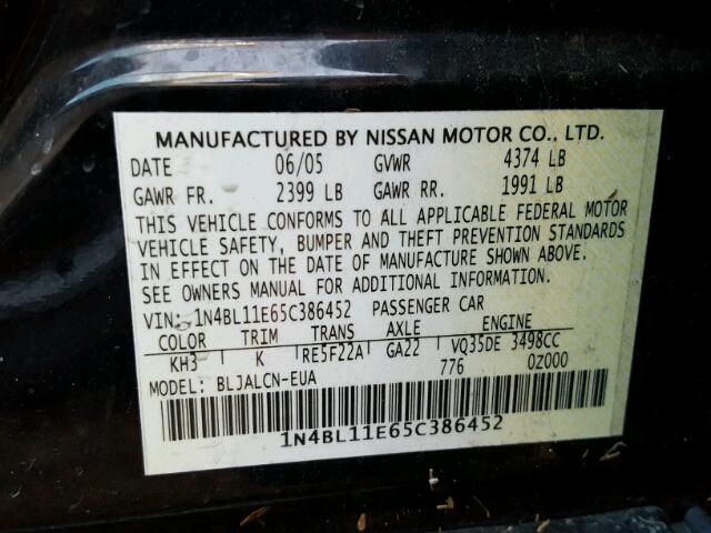 1N4BL11E65C386452 - 2005 NISSAN ALTIMA BLACK photo 10