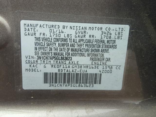 3N1CN7AP5GL863623 - 2016 NISSAN VERSA GRAY photo 10