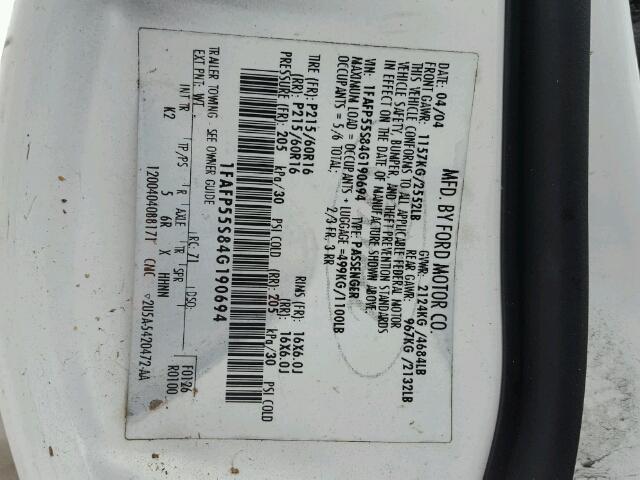 1FAFP55S84G190694 - 2004 FORD TAURUS WHITE photo 10