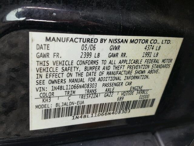 1N4BL11D66N408303 - 2006 NISSAN ALTIMA SE BLACK photo 10