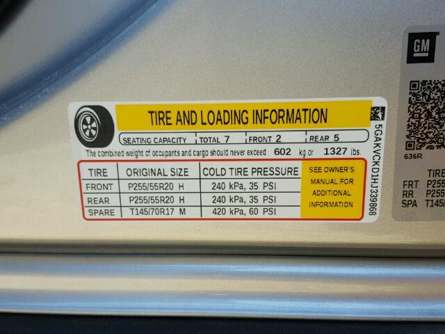 5GAKVCKD1HJ339868 - 2017 BUICK ENCLAVE SILVER photo 10