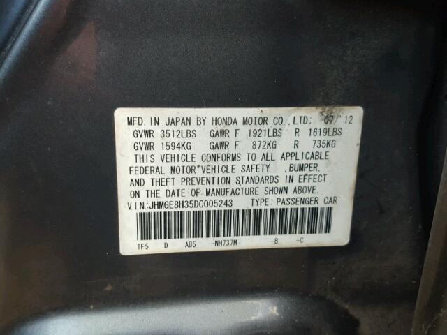 JHMGE8H35DC005243 - 2013 HONDA FIT SILVER photo 10