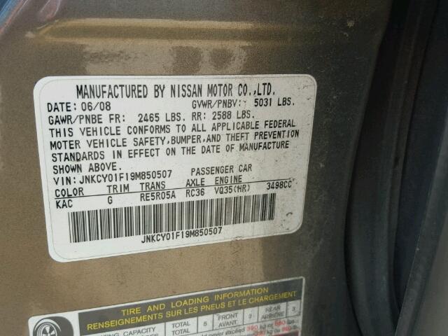 JNKCY01F19M850507 - 2009 INFINITI M35 BASE GRAY photo 10