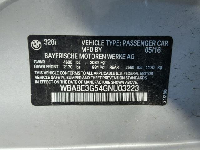 WBA8E3G54GNU03223 - 2016 BMW 328XI SULE SILVER photo 10