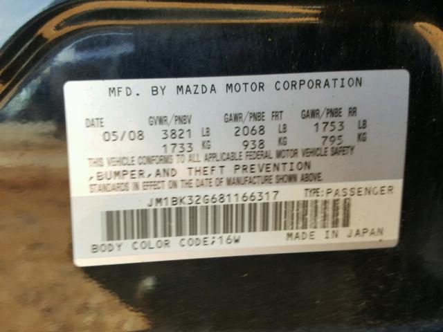 JM1BK32G681166317 - 2008 MAZDA 3 I BLACK photo 10