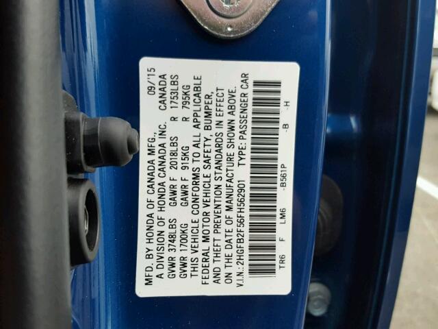 2HGFB2F56FH562901 - 2015 HONDA CIVIC LX BLUE photo 10