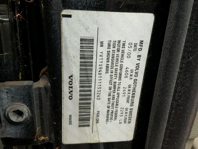 YV1TS94D111153243 - 2001 VOLVO S80 BLACK photo 10