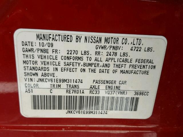 JNKCV61E99M311474 - 2009 INFINITI G37 BASE RED photo 10