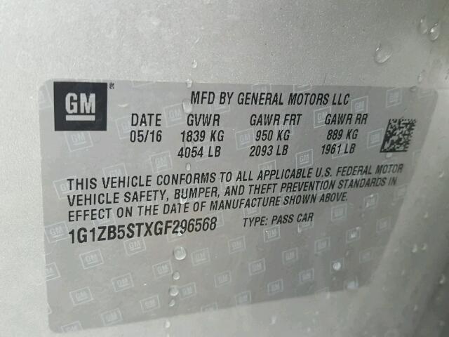 1G1ZB5STXGF296568 - 2016 CHEVROLET MALIBU LS ვერცხლისფერი ფოტო 10