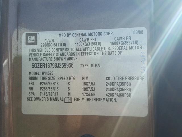 5GZER13798J259956 - 2008 SATURN OUTLOOK XE BROWN photo 10