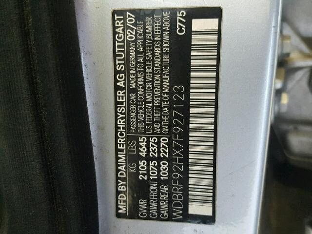 WDBRF92HX7F927123 - 2007 MERCEDES-BENZ C 280 4MAT SILVER photo 10