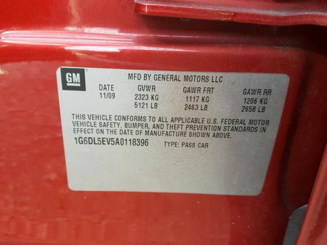 1G6DL5EV5A0118396 - 2010 CADILLAC CTS PERFOR أحمر صورة 10