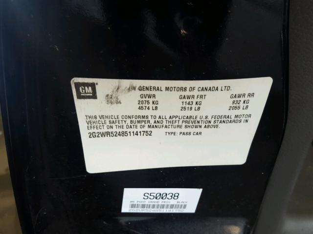 2G2WR524851141752 - 2005 PONTIAC GRAND PRIX BLACK photo 10