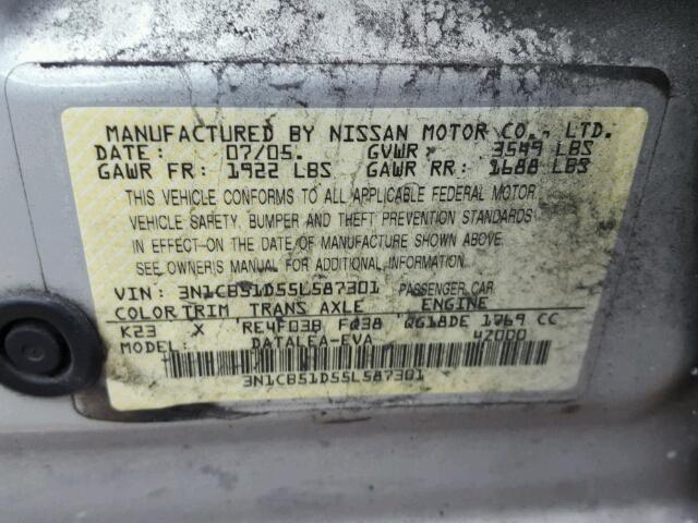 3N1CB51D55L587301 - 2005 NISSAN SENTRA 1.8 GRAY photo 10