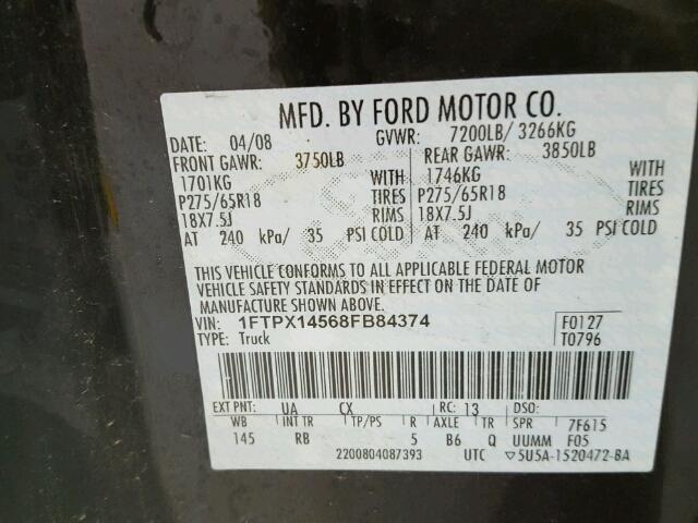 1FTPX14568FB84374 - 2008 FORD F150 BLACK photo 10