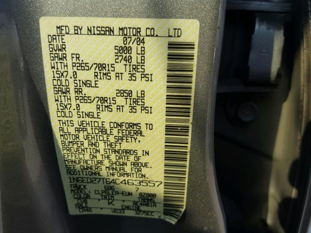 1N6ED27T64C463557 - 2004 NISSAN FRONTIER C GRAY photo 10