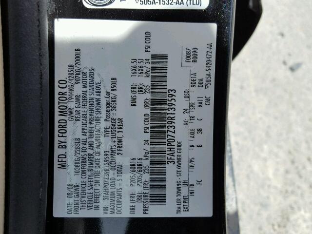 3FAHP07Z39R139593 - 2009 FORD FUSION SE BLACK photo 10