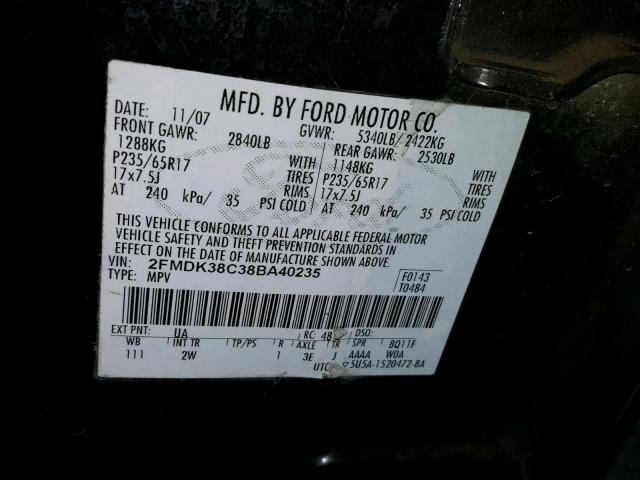 2FMDK38C38BA40235 - 2008 FORD EDGE SEL BLACK photo 10