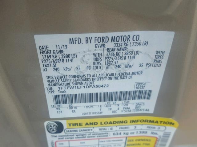 1FTFW1EF1DFA58472 - 2013 FORD F150 SUPER TAN photo 10