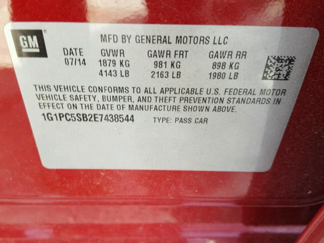 1G1PC5SB2E7438544 - 2014 CHEVROLET CRUZE LT BURGUNDY photo 10