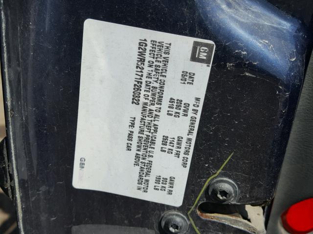 1G2WR52171F260322 - 2001 PONTIAC GRAND PRIX BLUE photo 10