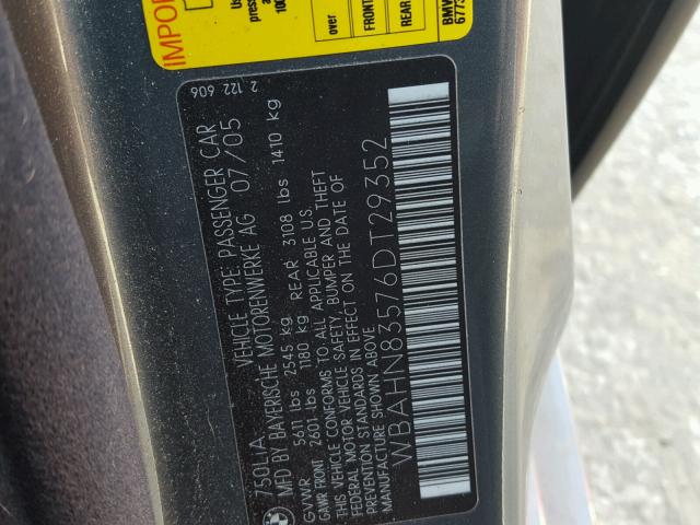 WBAHN83576DT29352 - 2006 BMW 750 GRAY photo 10