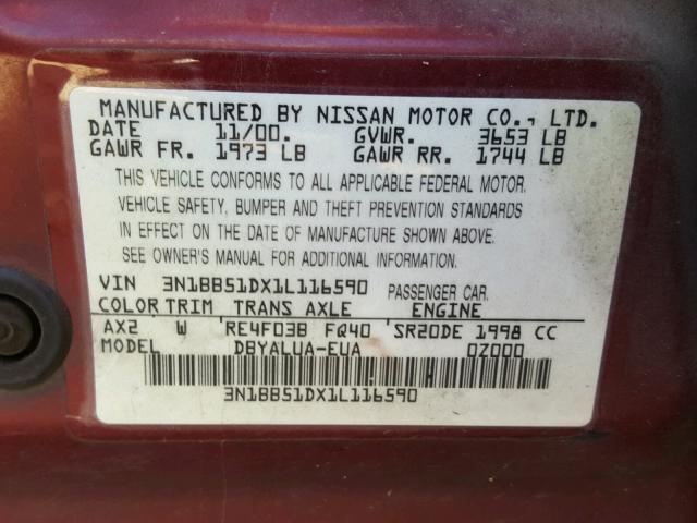 3N1BB51DX1L116590 - 2001 NISSAN SENTRA SE MAROON photo 10