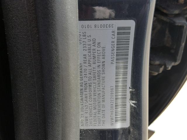 WVWTH63BX2E209967 - 2002 VOLKSWAGEN PASSAT GLX GRAY photo 10