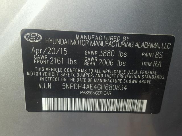 5NPDH4AE4GH680834 - 2016 HYUNDAI ELANTRA SE SILVER photo 10