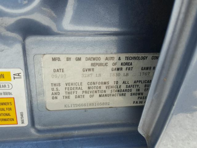 KL1TD66618B105802 - 2008 CHEVROLET AVEO BASE Көк фото 10